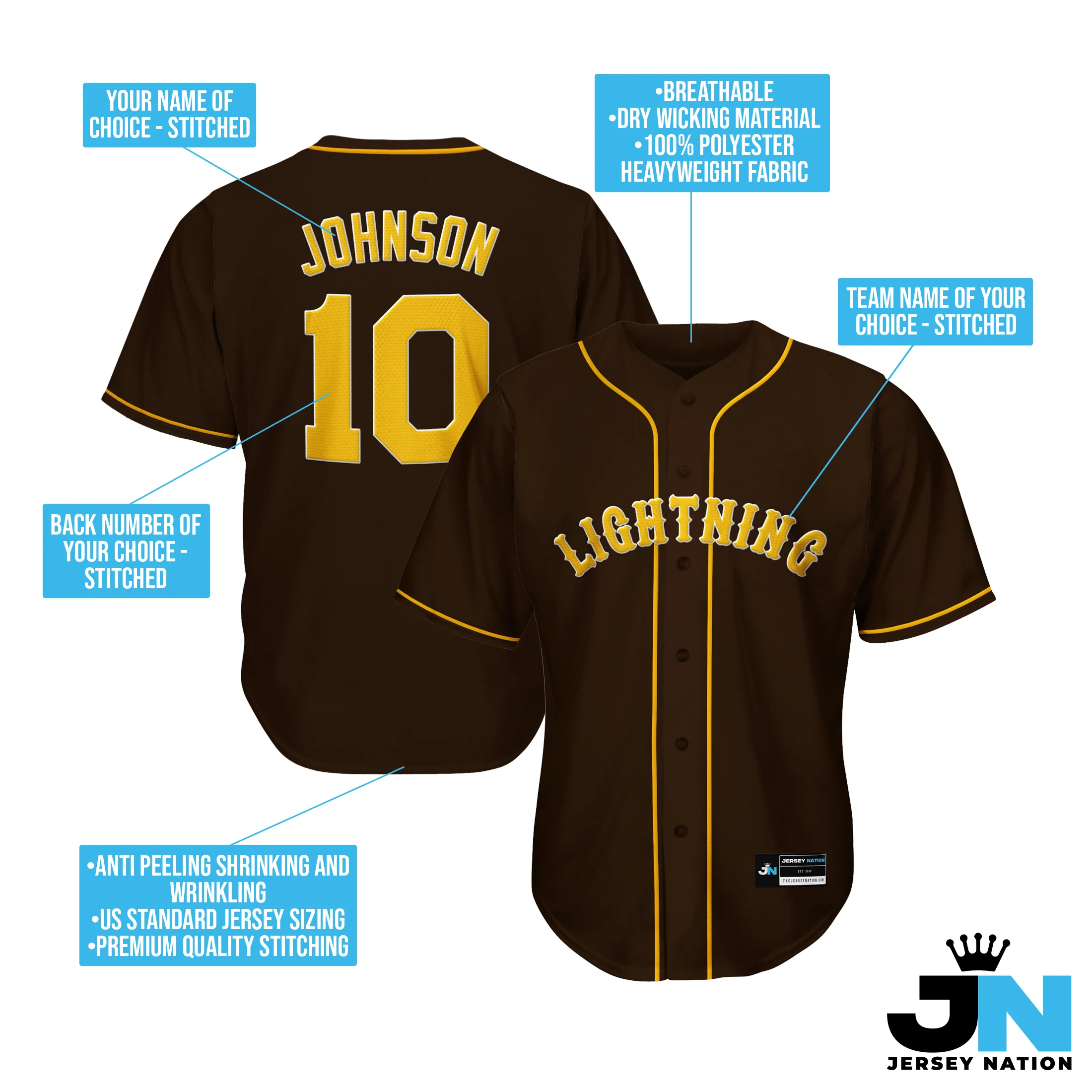 Brown-Yellow Custom Baseball Jersey - Image 3