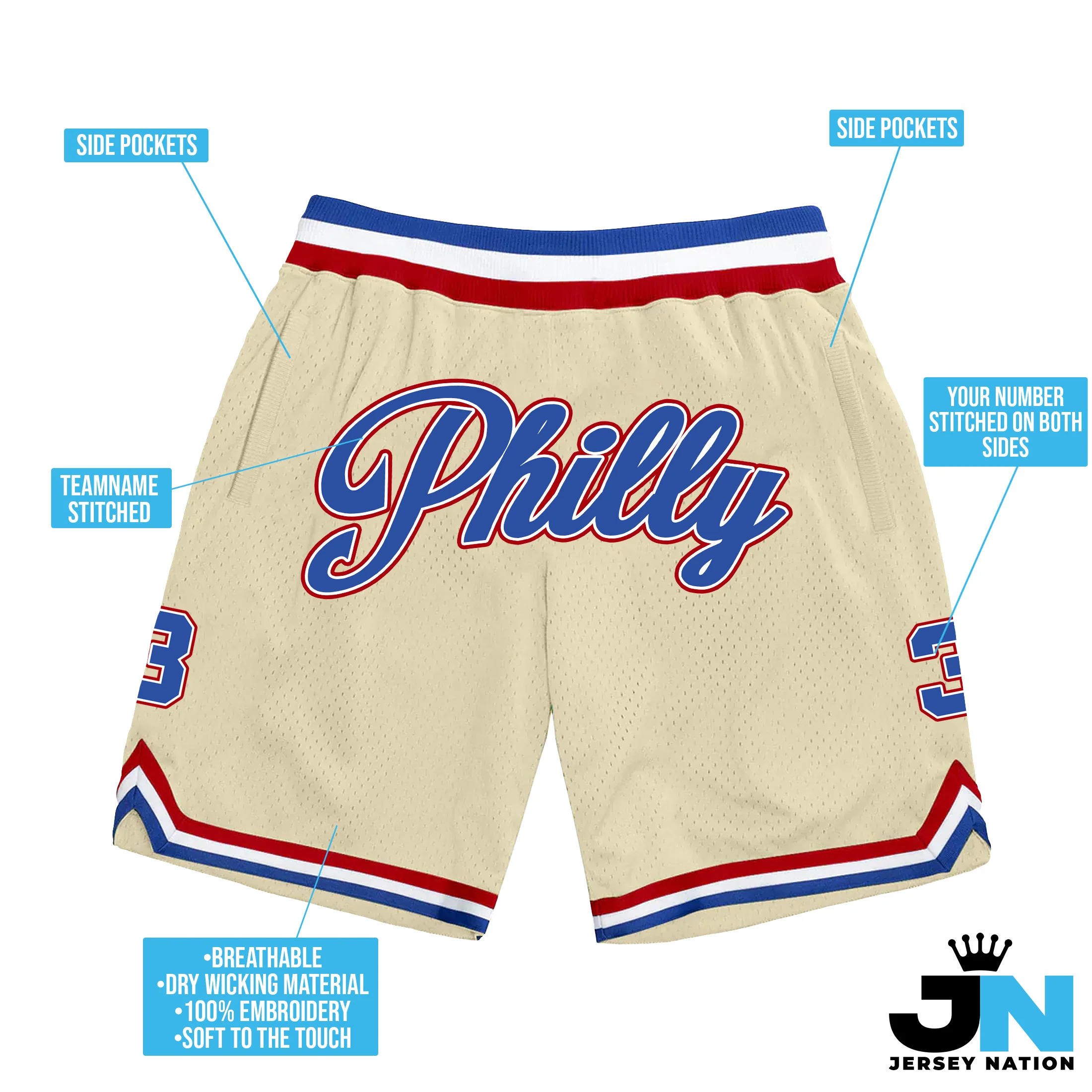 Cream Blue-Red Custom Basketball Shorts - Image 3