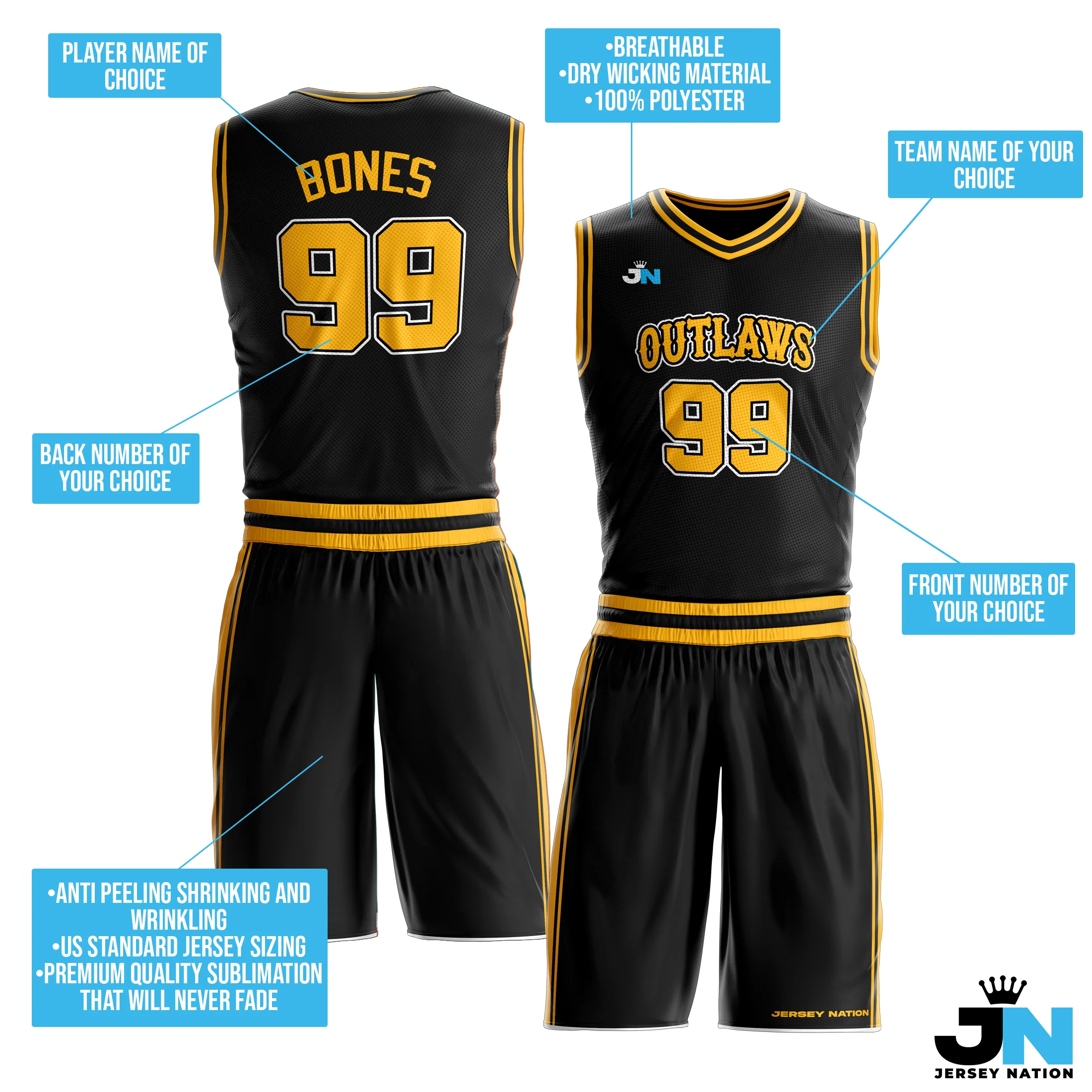 Black-Yellow Custom Basketball Team Uniform Set - Image 3