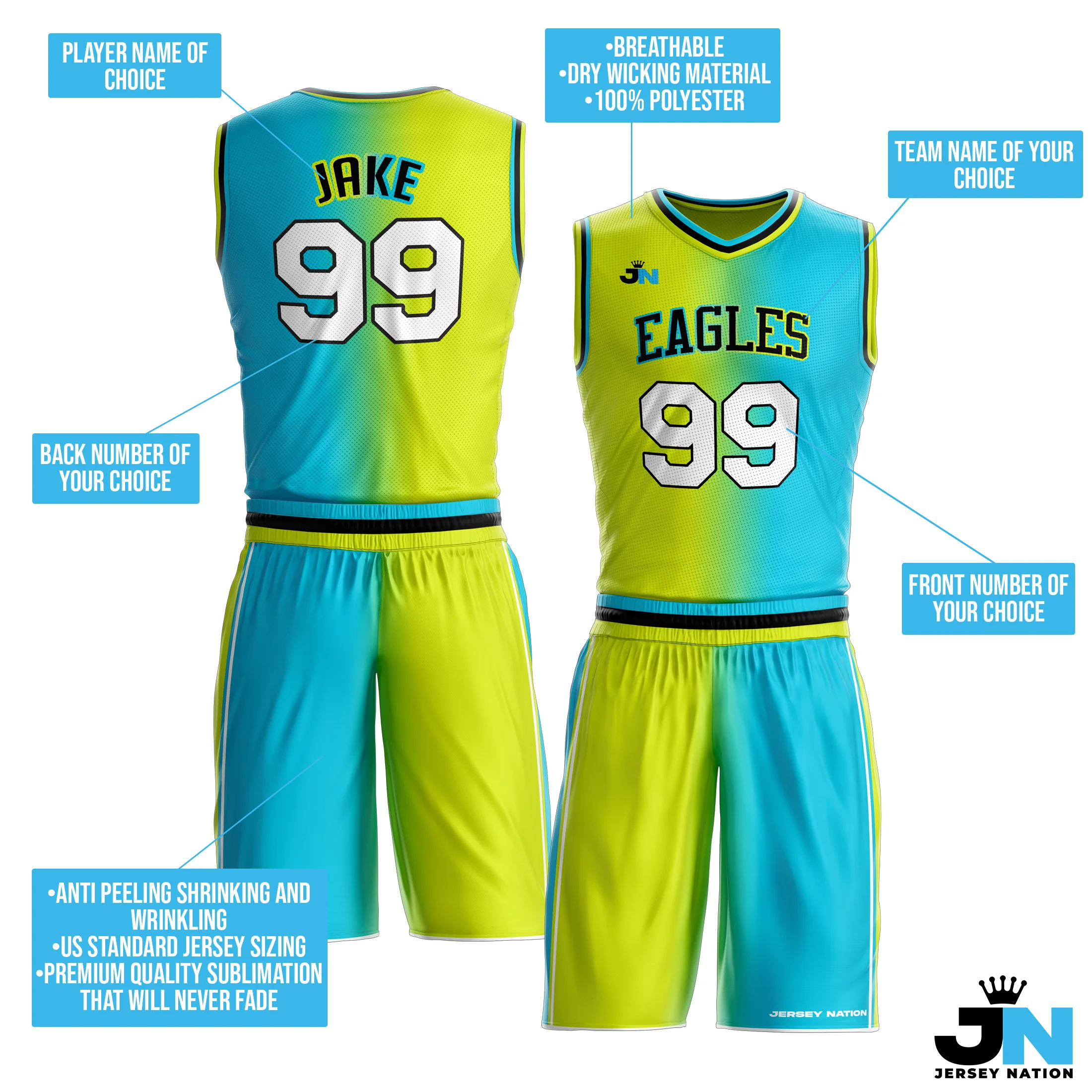 Green-Blue Custom Basketball Team Uniform Set - Image 3