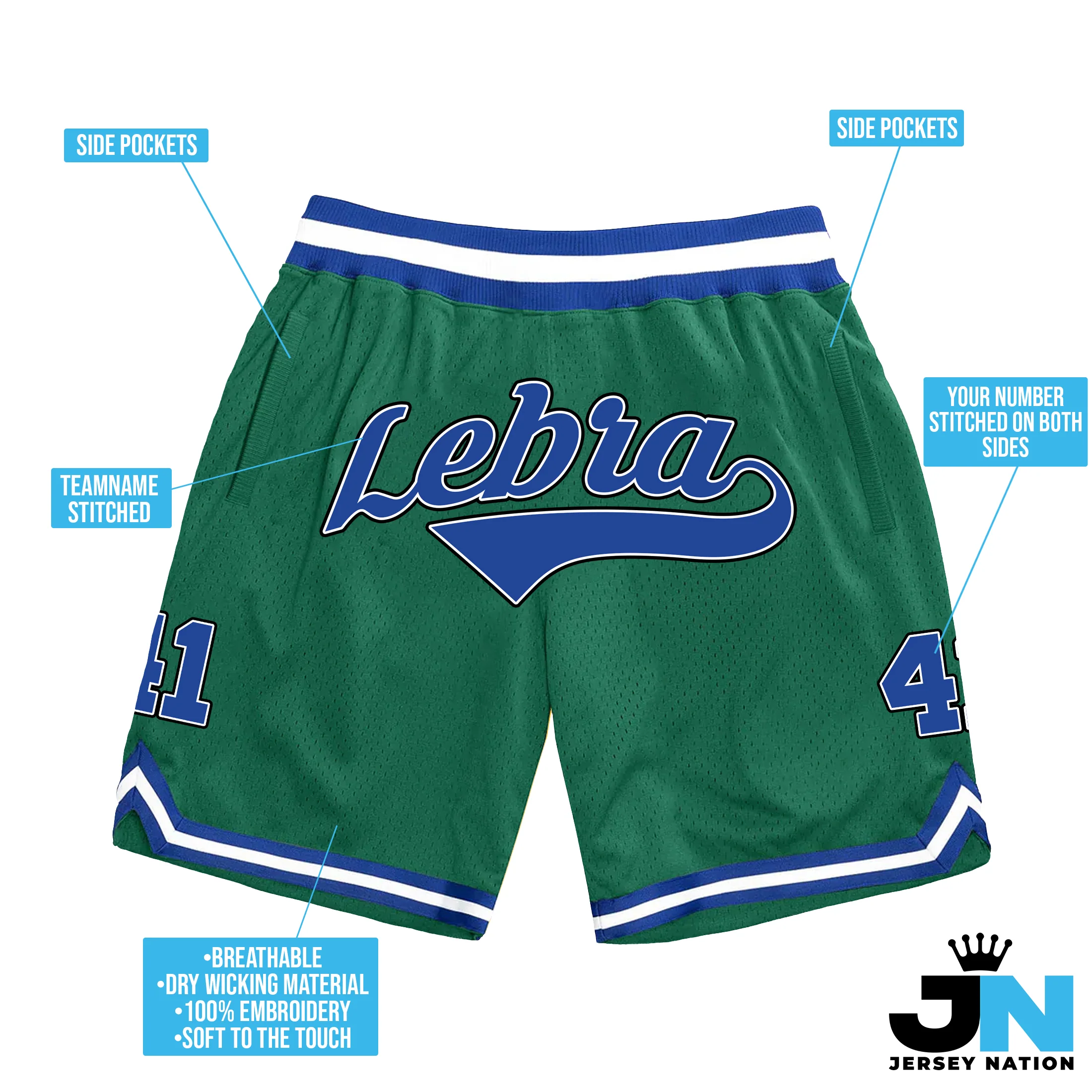Green Blue-White Custom Basketball Shorts - Image 3