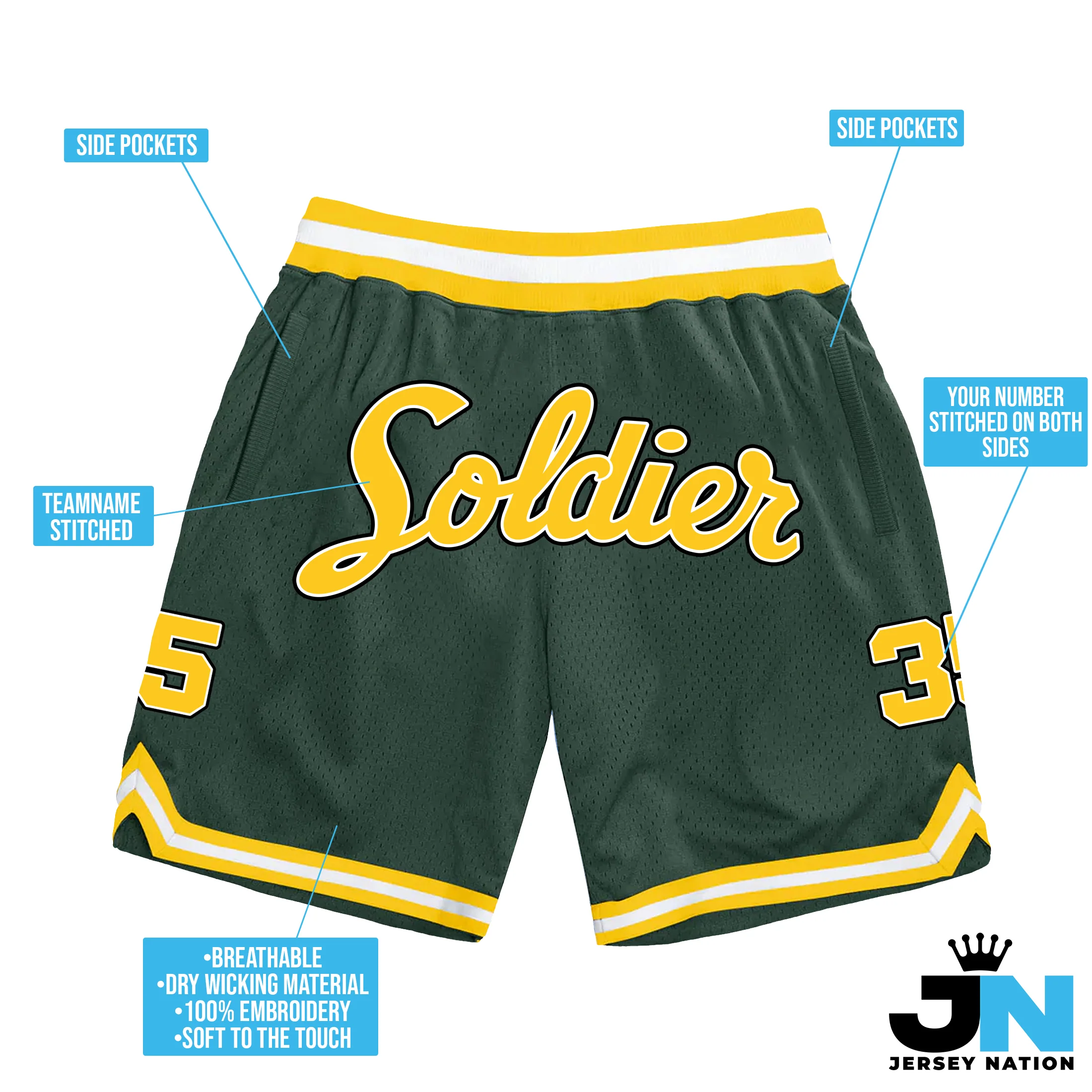 Green Yellow-White Custom Basketball Shorts - Image 3