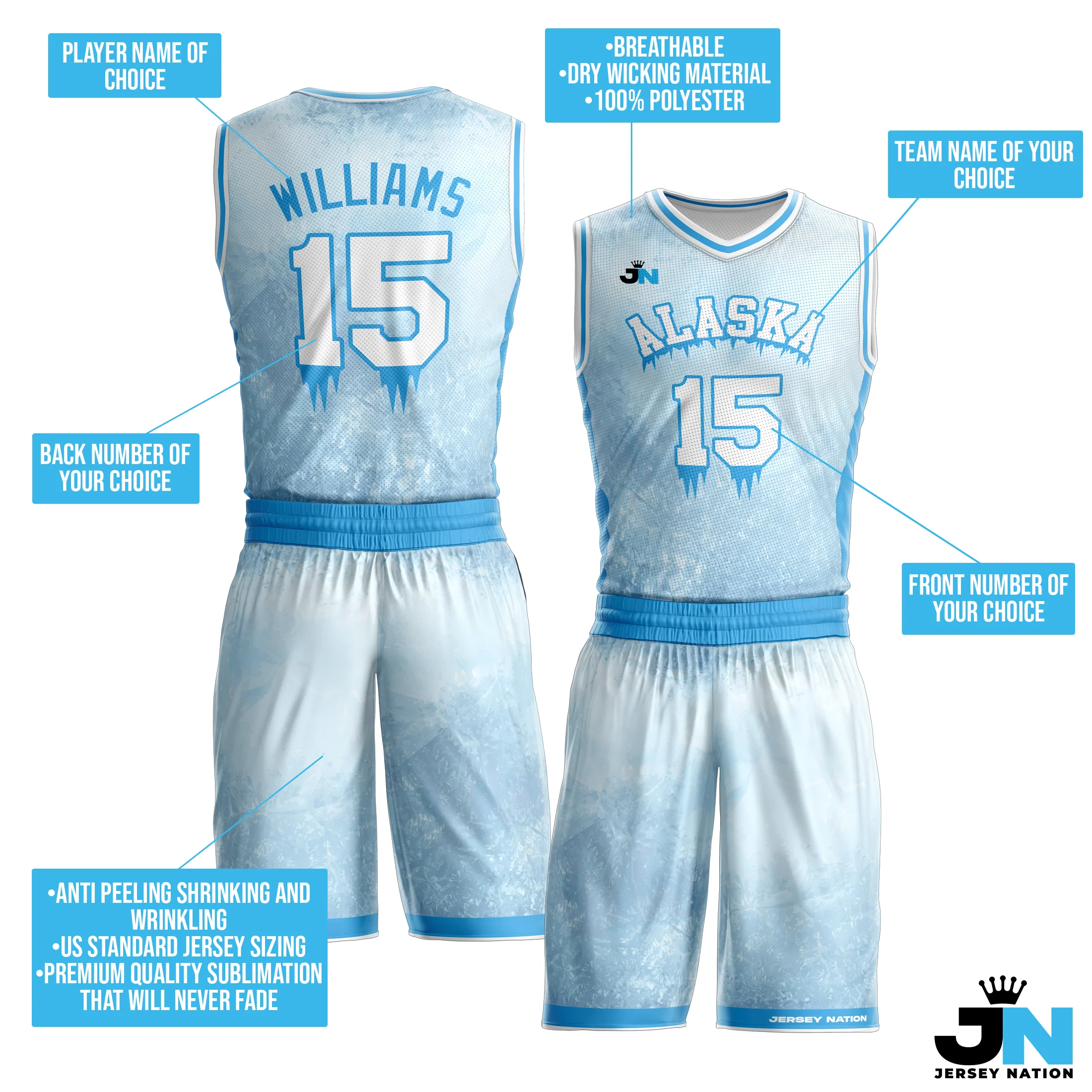 Icy Blue Custom Basketball Team Uniform Set - Image 3
