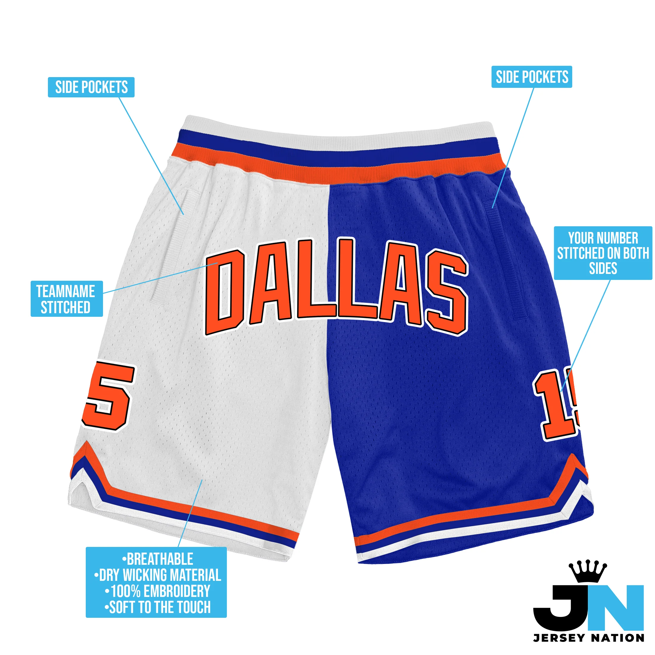 Orange Blue-White Custom Basketball Shorts - Image 3