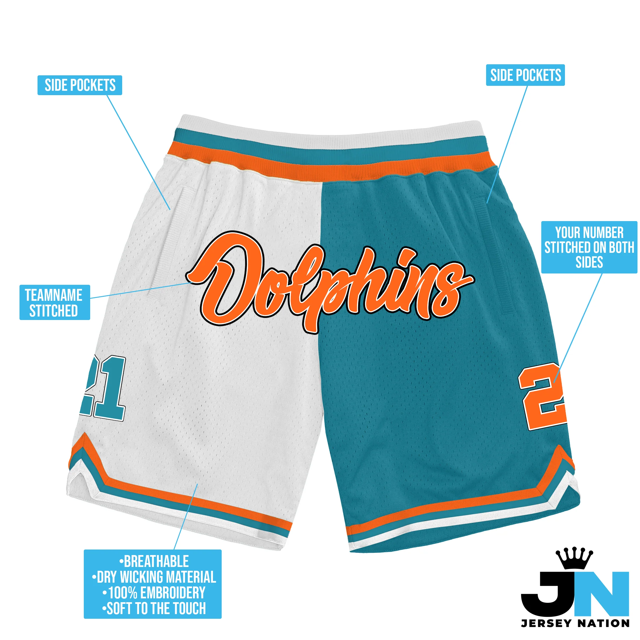 Orange, Teal-White Custom Basketball Shorts - Image 3