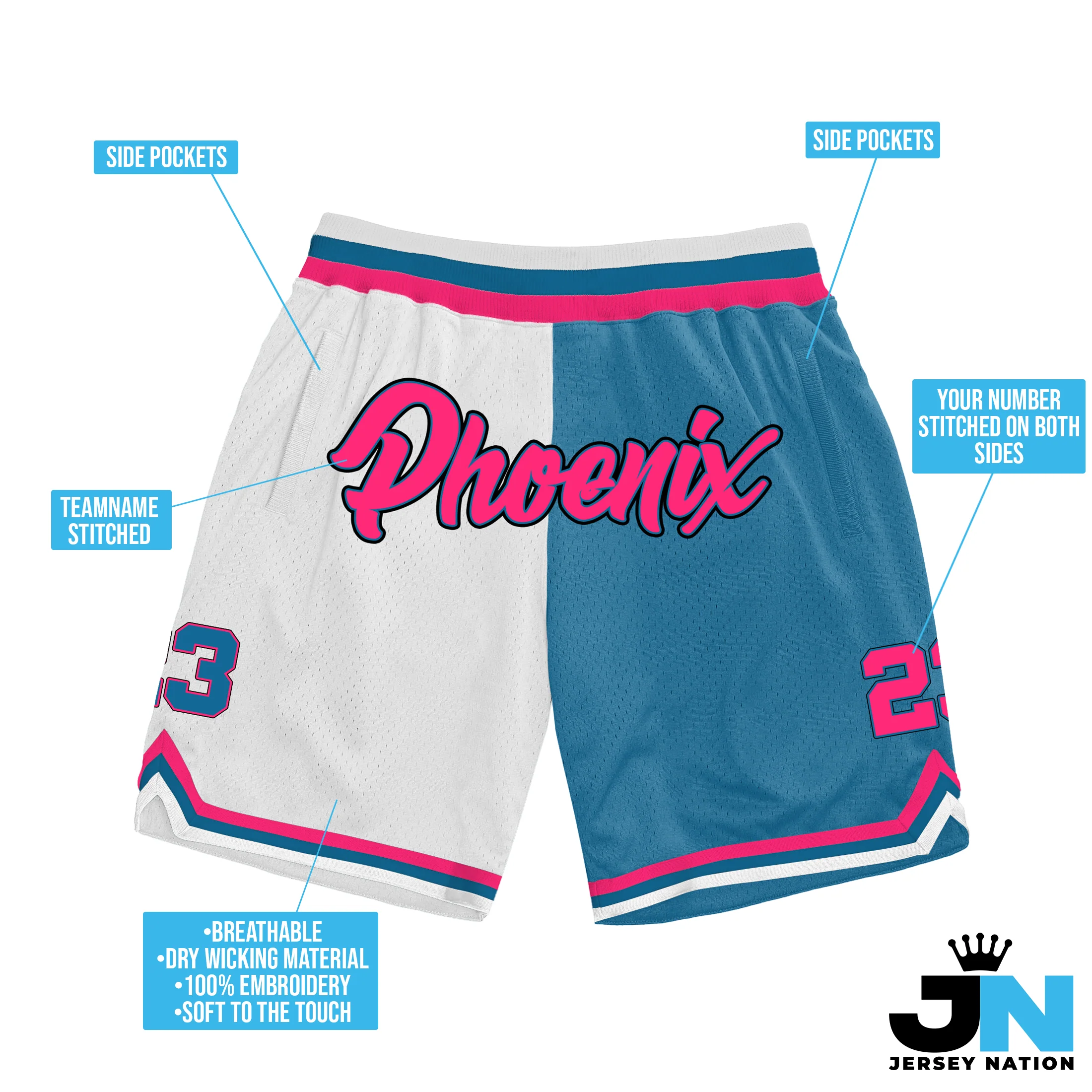 Pink Blue-White Custom Basketball Shorts - Image 3