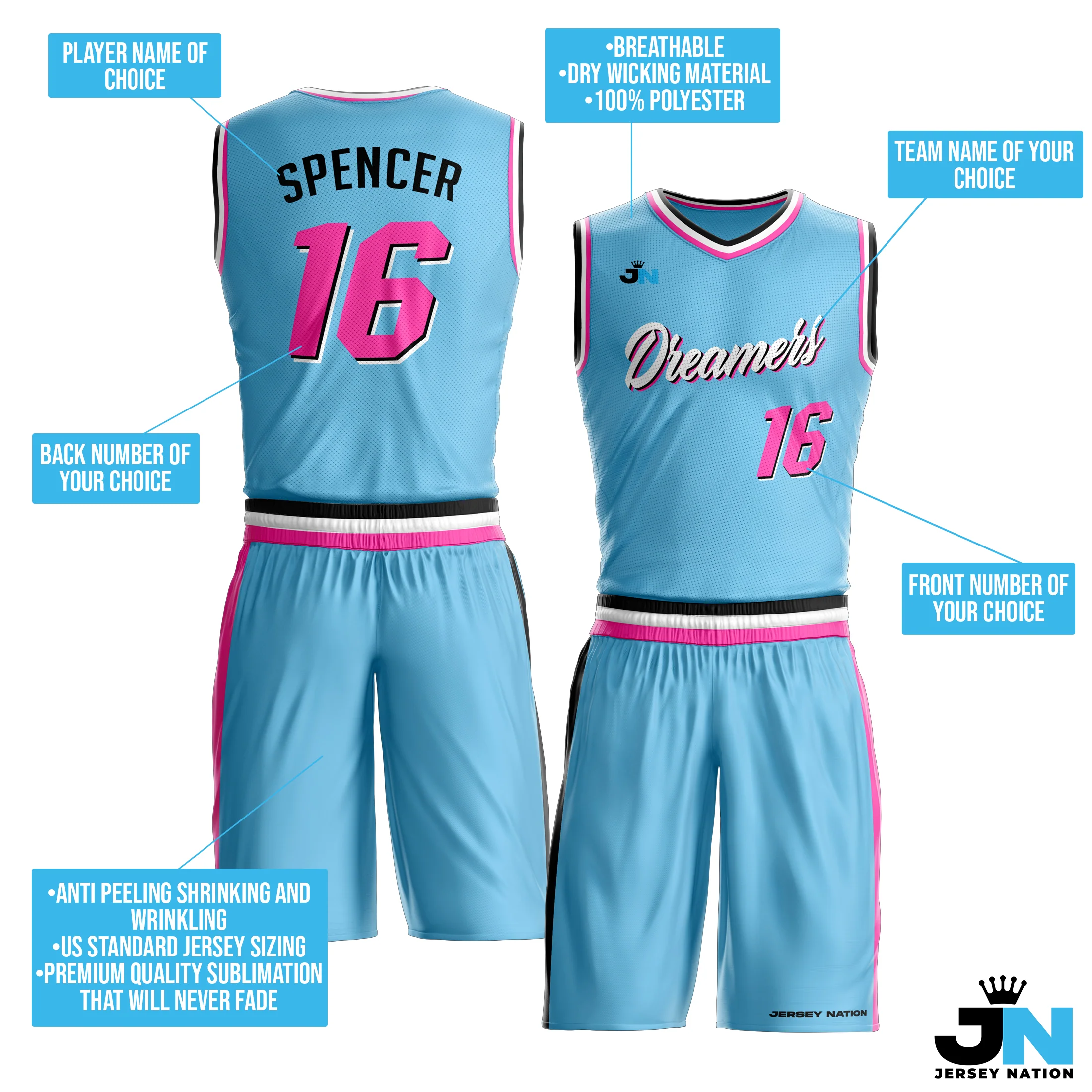Vice City Blue Custom Basketball Team Uniform Set - Image 3
