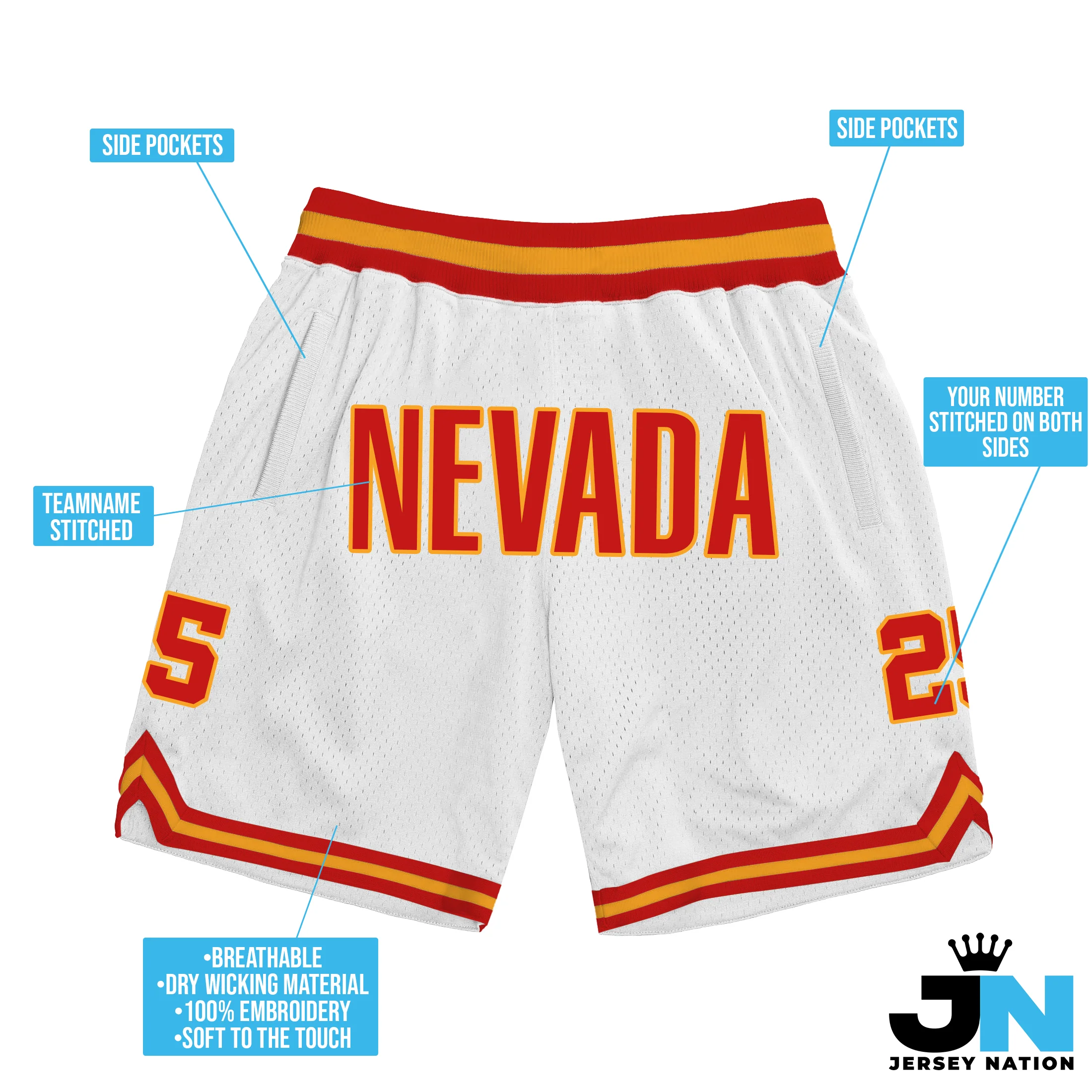White Red-Yellow Custom Basketball Shorts - Image 3