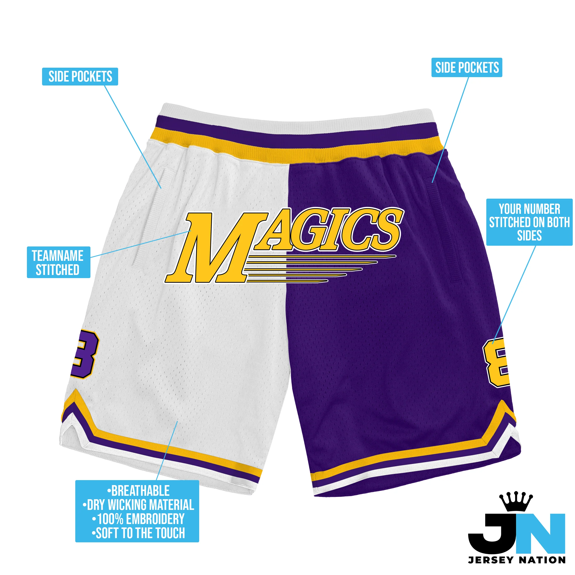 Yellow Purple-White Custom Basketball Shorts - Image 3