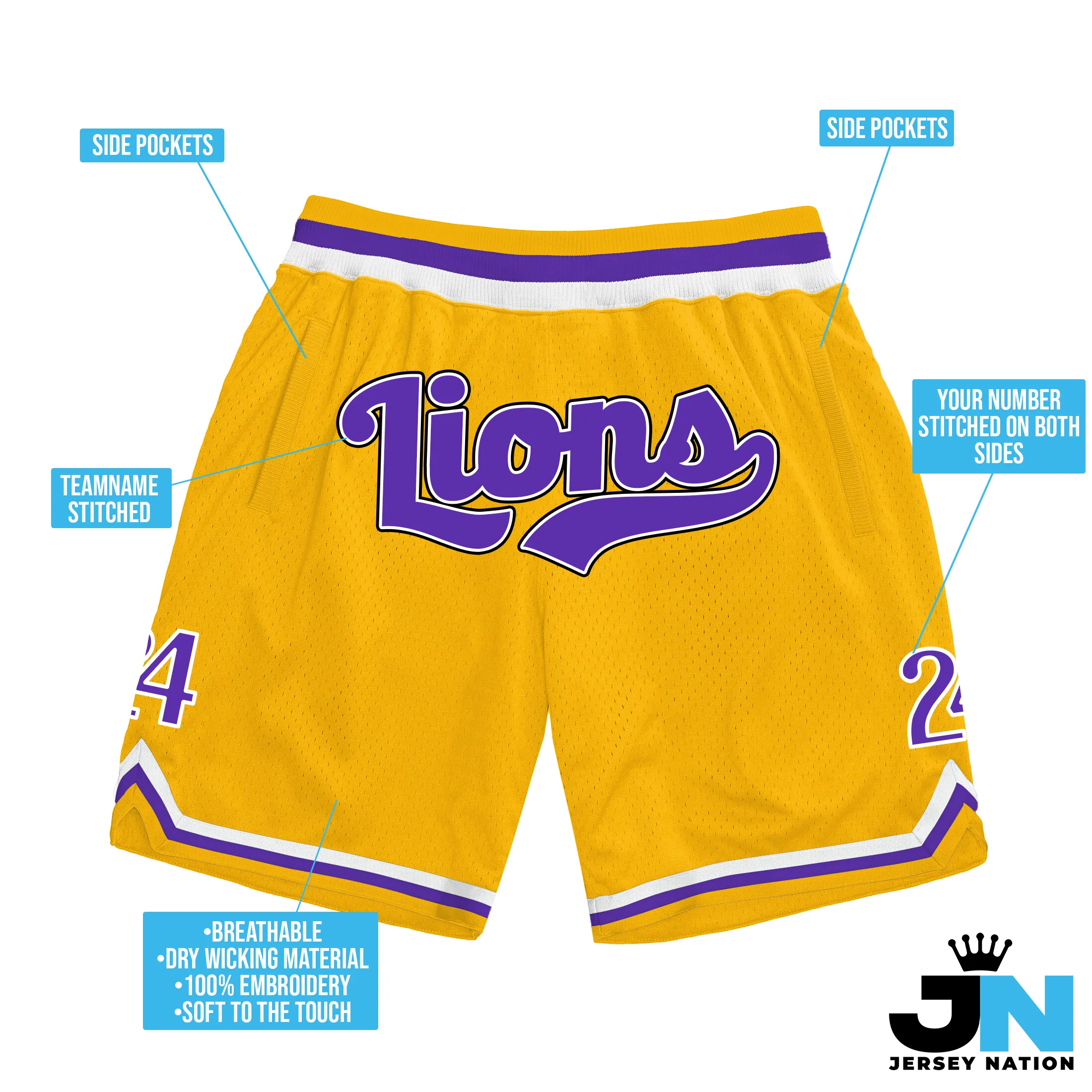 Yellow Purple-White Custom Basketball Shorts - Image 3